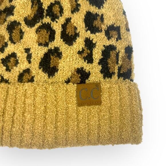 C.C Leopard Faux Fur Pom Beanie Adult Size Tan Latte Black Printed Winter Hat - Picture 3 of 6